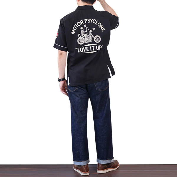 LOVE IT UP / ZIPCO SHORT SLEEVE SHIRT / 1960s~ STYLE GARAGE WORK SHIRT / MOTOR PSYCLONE GARAGE SERIES / BLACK × OFF-WHITE - Image 6