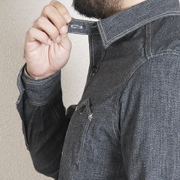 CHAMBRAY WORK SHIRT / 1940s STYLE WORK SHIRT / BLACK - Image 9