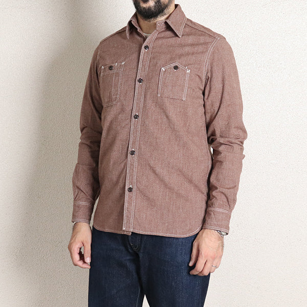 CHAMBRAY WORK SHIRT / 1940s STYLE WORK SHIRT / BROWN
