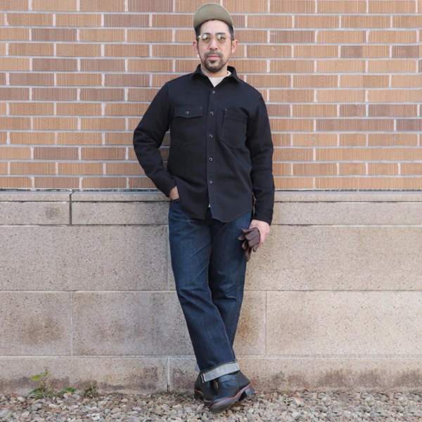 GEMSA WORK SHIRT / ORIGINAL COTTON HARD TWIST KERSEY / JET BLACK - Image 4
